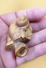 Vintage Japanese Netsuke Carved Wood Snail Flower Figurine Inro Animal Antique