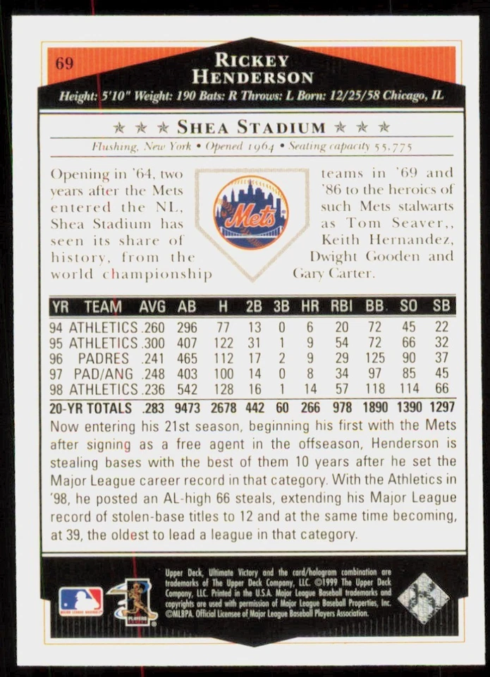 1999 Upper Deck Ultimate Victory Rickey Henderson New York Mets #69 - Image 2 of 2