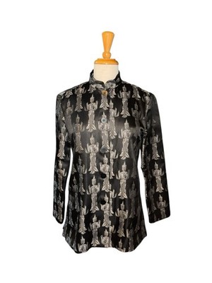HARARI Silk Buddha Print Jacket Long Line Button Front Texture Black/Silver sz M