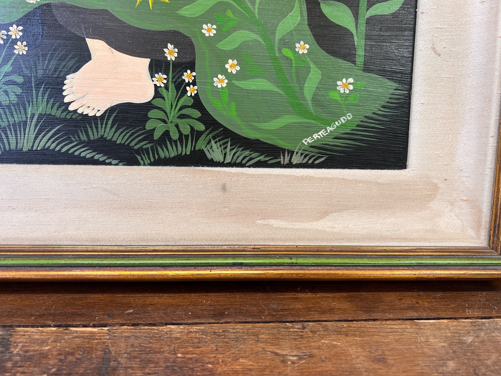 Carlos Perteagudo “Three Figures and Sunflowers” Signed Oil on Board Folk Naïve