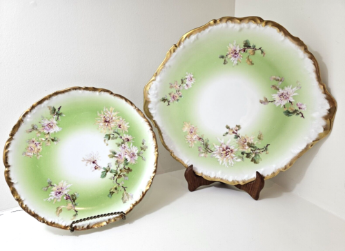T&V LIMOGES FRANCE SERVING PLATES SET/ 2 GREEN W/ YELLOW PINK CHRYSANTHEMUMS - Picture 1 of 24