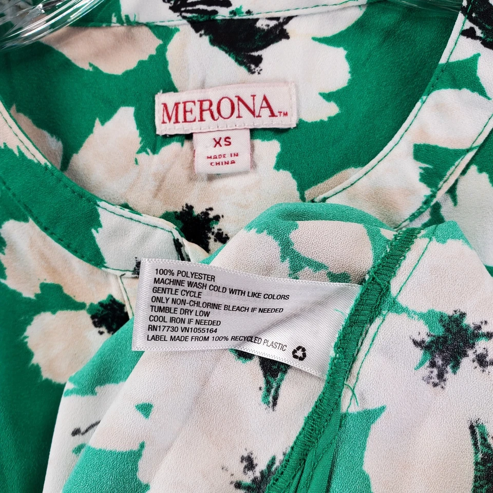 Merona Green Beige White Black Floral Sleeveless Drawstring Neck Shift Dress XS - Image 3 of 4