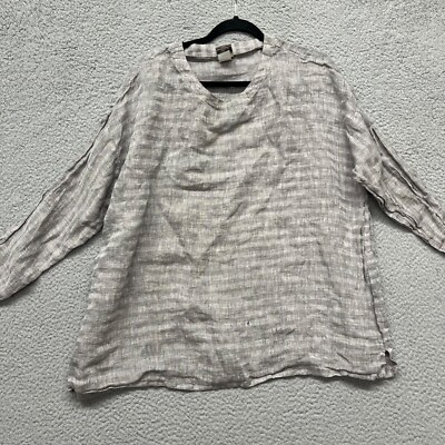 Match Point Blouse Womens XL Gray Striped Linen 3/4 Sleeve Boho Lagenlook