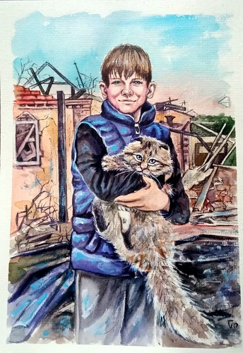 Original Watercolor Ukrainian Painting, Children Cats and War, Ukraine Art