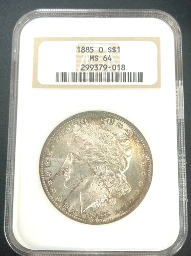1885 O $1 Toned United States Morgan Silver Dollar NGC MS 64 Fatty Holder