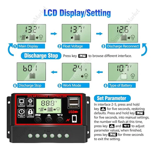 30-100A PWM Solar Charge Controller LCD 12V/24V Dual USB Battery Panel Regulator - Picture 8 of 15