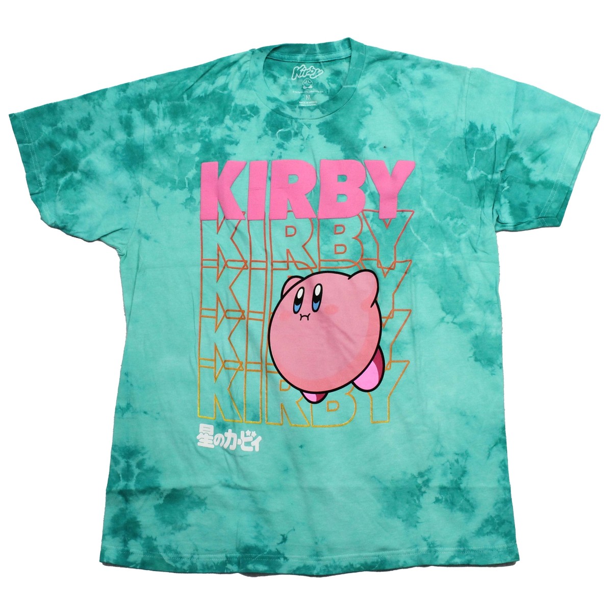 Kirby New Adult T-Shirt -Fading Pink Name Behind Kirby Tie
