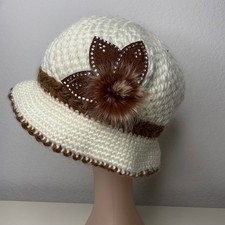 Chunky Knit Cloche Beanie Hat with Flower Embellishment White Brown Cozy Winter