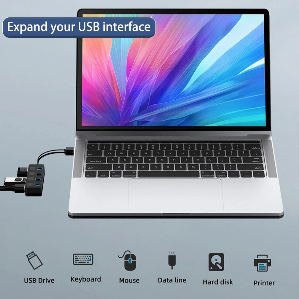 4-Port USB 3.0 Hub with LED Indicators for Laptop PC Mac