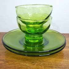 VTG Duralex France Green Glass Snack Set 2 Bowls 2 Plates Retro Emerald Boho