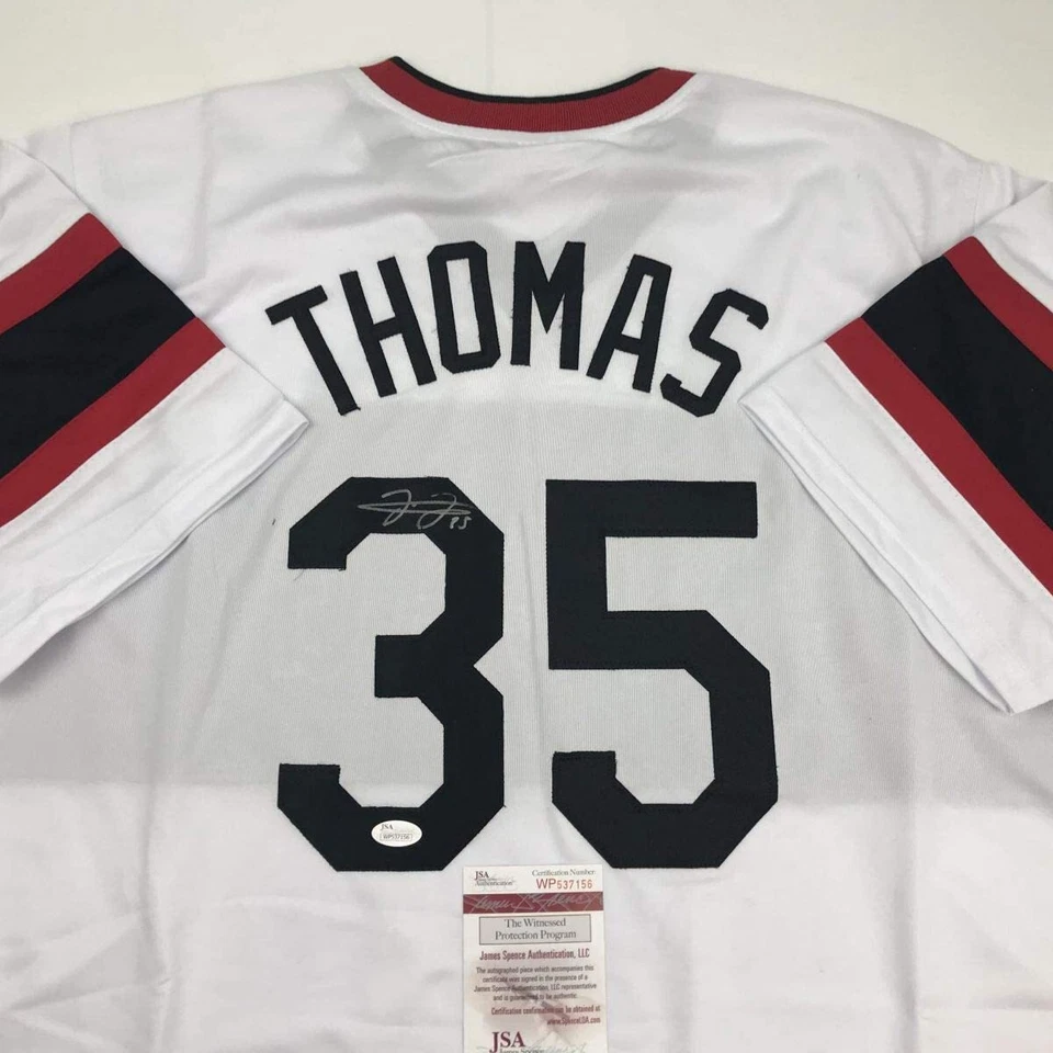 Camiseta deportiva de béisbol blanca retro autografiada/firmada de Frank Thomas Chicago certificado de autenticidad JSA automática Foto 2 de 4