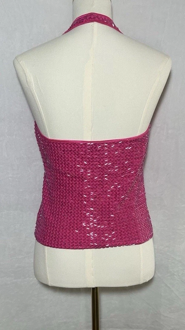 VTG Cache Fuchsia Pink Beaded Halter Top Size L Elle Woods Coquette Homecoming