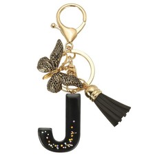 Initial Letter Keychain, Cute Butterfly Keychain with Tassel Letter J, Black