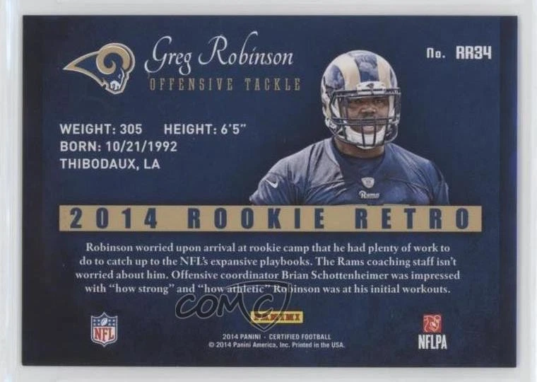 2014 Certified Retro Rookie Gold /25 Greg Robinson #RR34 RC - Image 2 of 2