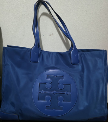 Tory Burch Blue Logo Tote Bag Zip Closure Double Handles Inner