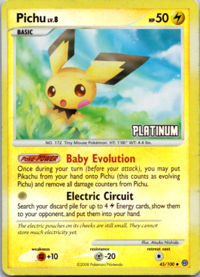 Pokemon 2008 Pichu Stormfront 45/100 Reverse Holo Platinum Stamp