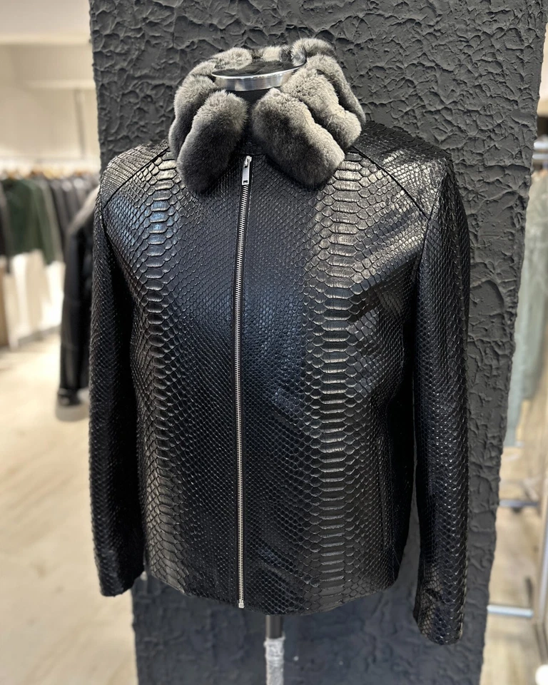 Genuine Python Skin Rex Fur Collar Men's Exotic Leather Luxury Black Jacket - Image 3 of 4