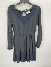 Saturday Sunday Dress Womens Medium Gray Embroidered Scoop Neck Long Sleeve Boho