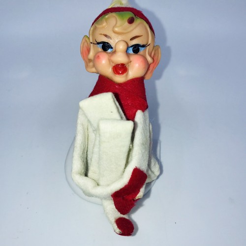 Vintage Knee Hugger Pixie Elf Christmas Ornament Shelf Sitter White & Green Hair - Picture 2 of 20
