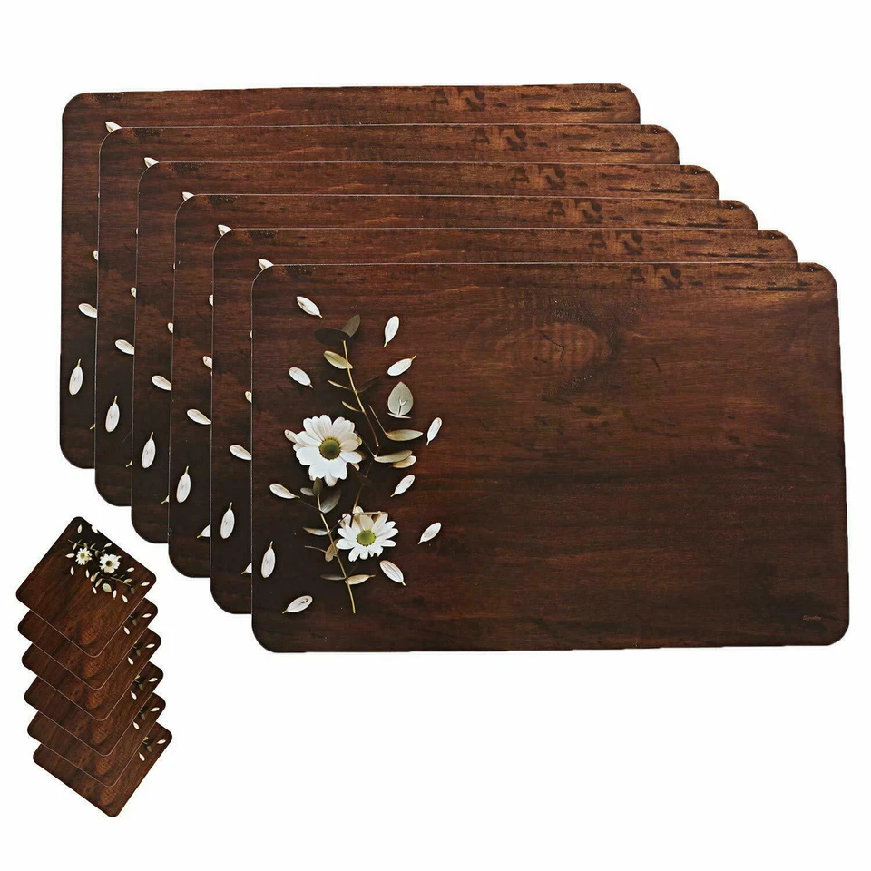 Beautiful Wood Design Floral PVC Dining Table Placemat with Tea Coaster Set Of 6 - Image 3 of 4