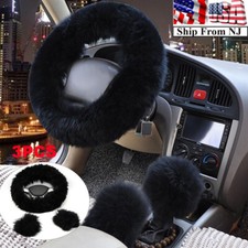 3pcs Black Car Winter Australian Sheepskin Long Wool Fuzzy Steering Wheel Cover