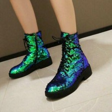 Womens Glitter Sequin Ankle Boots Zip Casual Low Heel Round Toe Lace Up Shoes