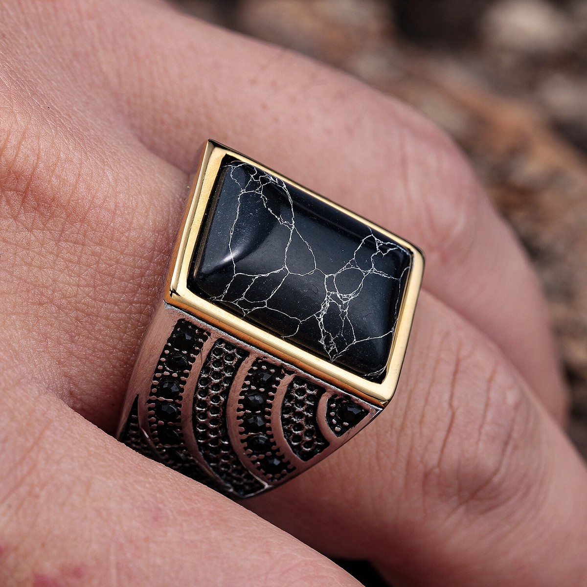 Retro Vintage Stainless Steel Black Turquoise Onyx Ring for Retro Vintage Stainless Steel Black Turquoise Onyx Ring for
