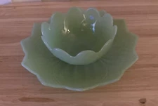 Jade-Ite Snack Sets by Anchor Hocking, Blossom Bowl and Leaf Plate