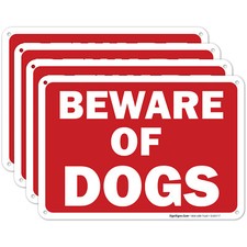 Beware of Dog Sign, Red Background, 4 Pack 7x10 Aluminum