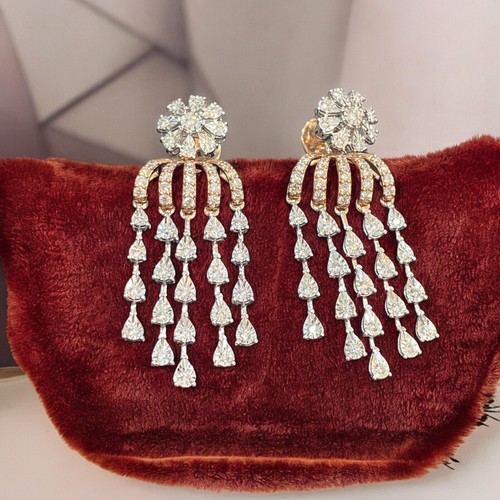 Exquisite 1.62 Ct Round Brilliant Cut Diamonds Dangle Earrings 14K Two-Tone Gold - Picture 4 of 13