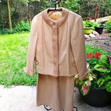 Vintage Sportgems New York 100 Wool Tan Cream Lined 2 Piece Skirt Suit Sz S