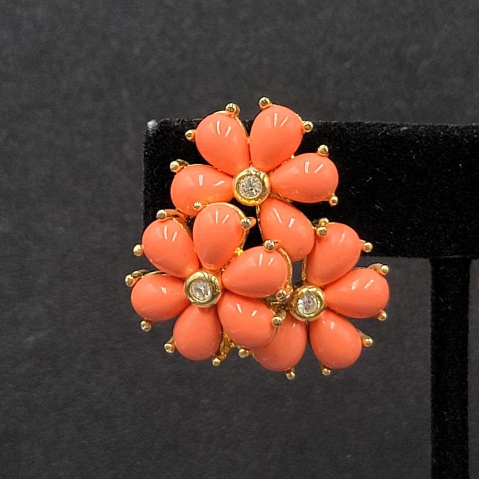 Vintage Clip on Earrings Gold tone Coral tone Flower Rhinestone 1.25