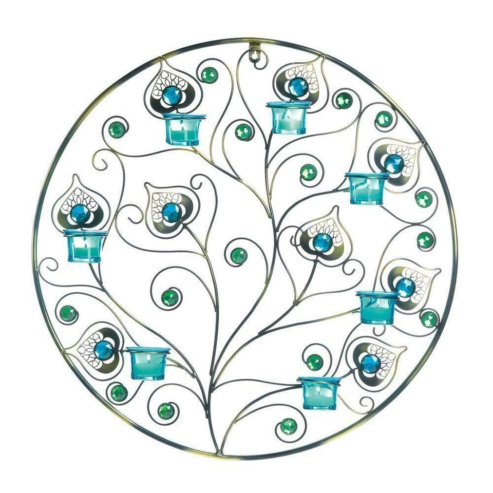 Arandela de parede grande azul-petróleo turquesa pena de pavão escultura suporte de vela - Imagem 2 de 3