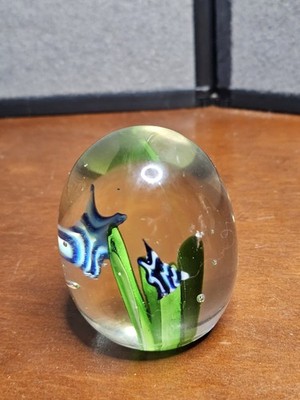 Egg Shaped Art Glass Aquatic Angelfish Scene Paperweight  Has Some Minor Chips