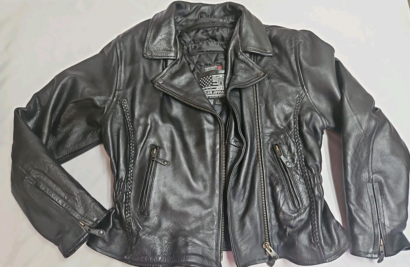 USA Bikers Dream Apparel HEAVY Black Leather Jacket Braided/Studded Zip Liner L