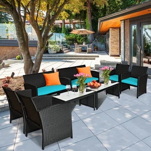 8PCS Rattan Outdoor Conversation Set Patio Furniture Set w/ Turquoise Cushions