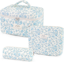 3Pcs Cotton Quilted Makeup Bag for Women Girls, Large Floral Cosmetic Bag Set Cu