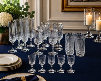 Cristal D'Arques Longchamp Crystal France 29 Pc Set Flutes Goblets Highballs 