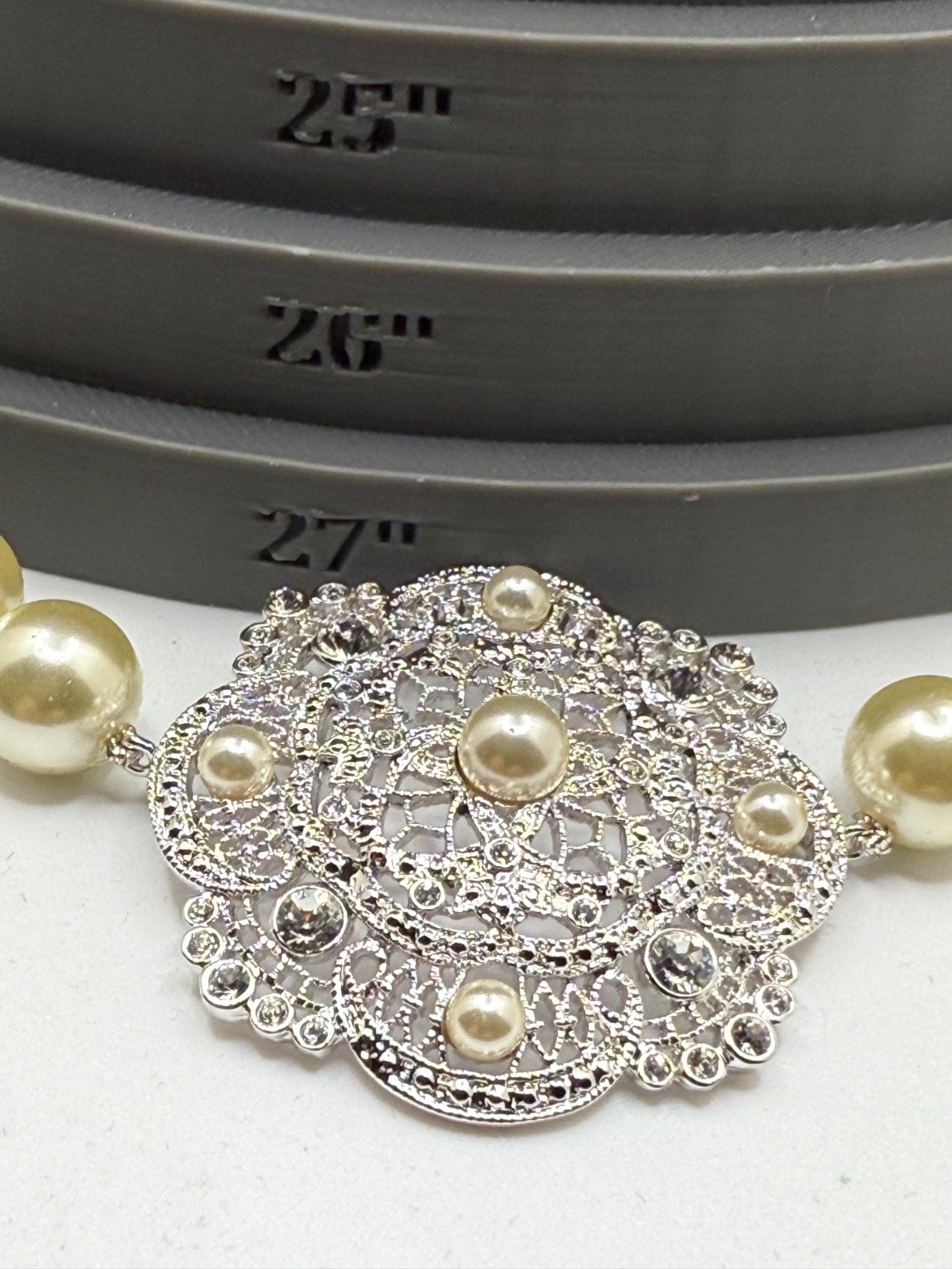 Vintage Camrose Kross JBK Necklace Faux Pearl Filigree COA 27"