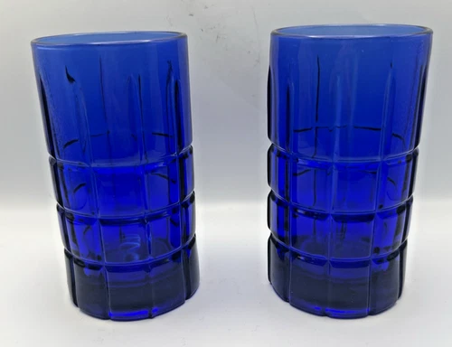 Vintage 2 Anchor Hocking TARTAN PLAID Cobalt Blue 16oz Ice Tea Tumbler