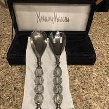 Vintage Neiman Marcus Silver Plated Serving Fork And Spoon With Velvet Box