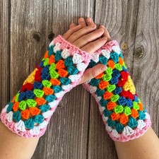 Colorful Crochet Fingerless Gloves Handmade Granny Square Mittens Cozy Gift