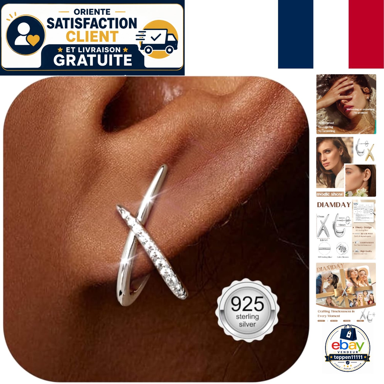 Boucles d'oreilles argent 925 minimalistes et puces de zirconium brillant