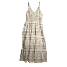 Me 2 Magic Maxi Dress Womens 1X Tan Boho Sequin Tiered Paisley V Neck Summer