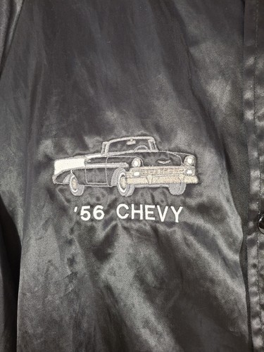 Vintage 56 Chevrolet Satin Jacket Bomber Black Size M Earth Angel - Picture 2 of 7