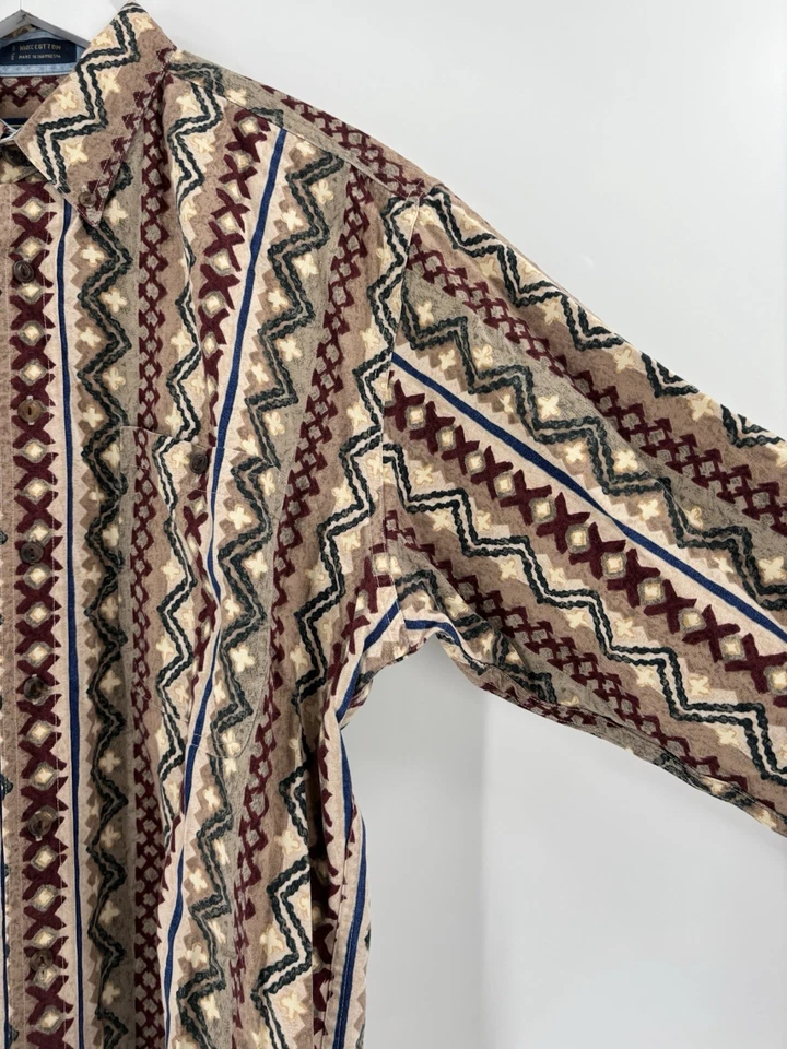 Vintage Chaps Ralph Lauren Button Down Mens Large Beige Striped Aztec Tribal - Image 3 of 4