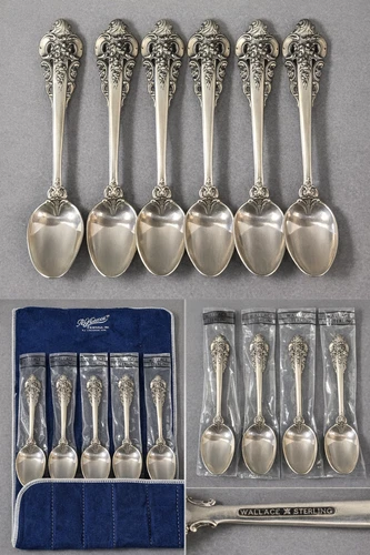 Six sterling “Grande Baroque” demitasse spoons by Wallace with company packaging