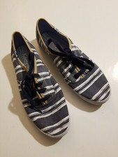 Women's Keds Canvas Blue White Stripe Brown Trim Size 6 Worn Once