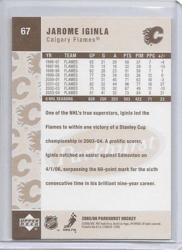 2005-06 Jarome Iginla Parkhurst Hockey Card #67 Calgary Flames - Imagen 2 de 2