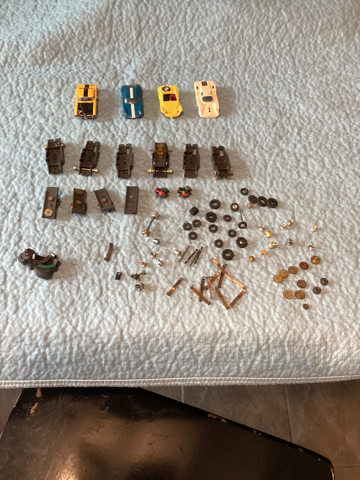 aurora t jet slot car bodie and chassis parts lot. gears ,rims,mags